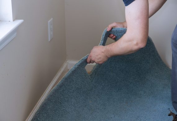 Man pulling up carpet that needs replacing.